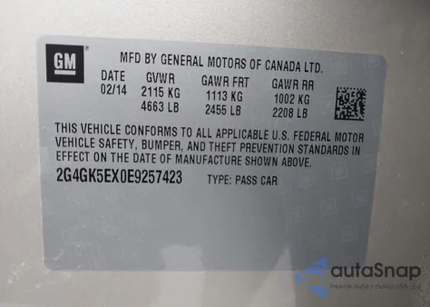 2014 Buick Regal Turbo from USA, damaged, VIN 2G4GK5EX0E9257423